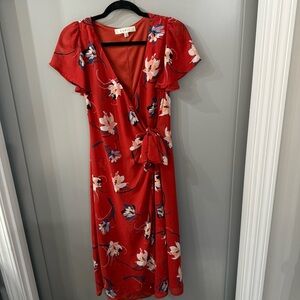 Row A Floral Flutter Sleeve V Neck Faux Wrap Dress Size Medium